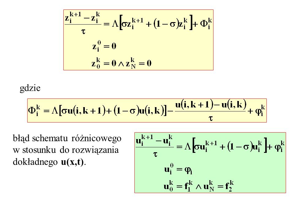 gdzie błąd schematu różnicowego w stosunku do rozwiązania dokładnego u(x,t).