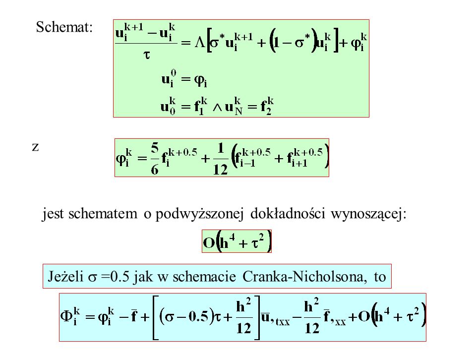 Schemat: z jest schematem o podwyższonej dokładności wynoszącej: Jeżeli =0.5 jak w schemacie Cranka-Nicholsona, to