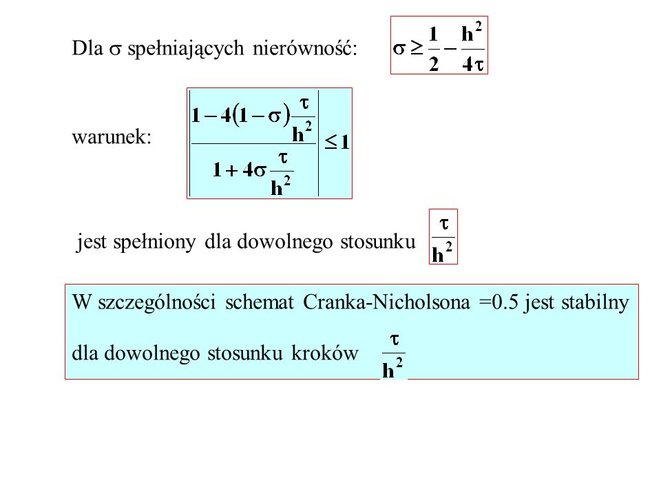 Dla spełniających nierówność: warunek: jest spełniony dla dowolnego stosunku W szczególności schemat Cranka-Nicholsona =0.5 jest stabilny dla dowolnego stosunku kroków