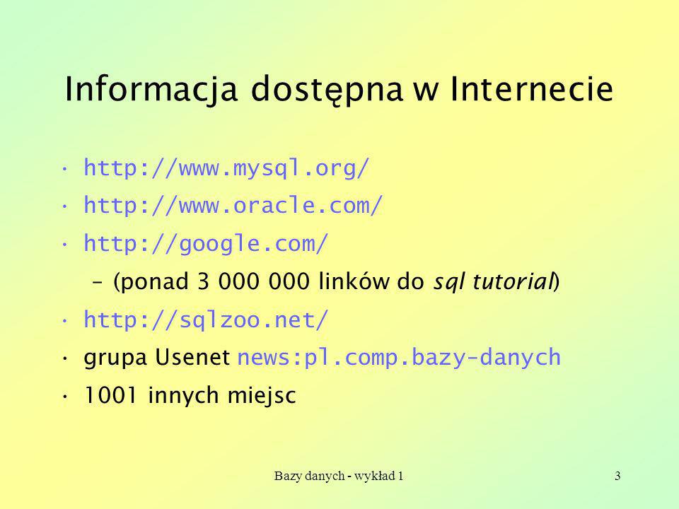 Bazy danych - wykład 13 Informacja dost ę pna w Internecie –(ponad linków do sql tutorial)   grupa Usenet news:pl.comp.bazy-danych 1001 innych miejsc
