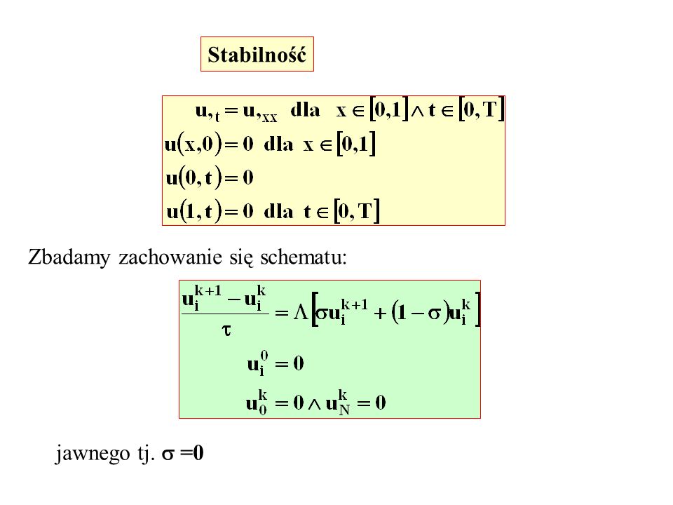 Stabilność Zbadamy zachowanie się schematu: jawnego tj. =0