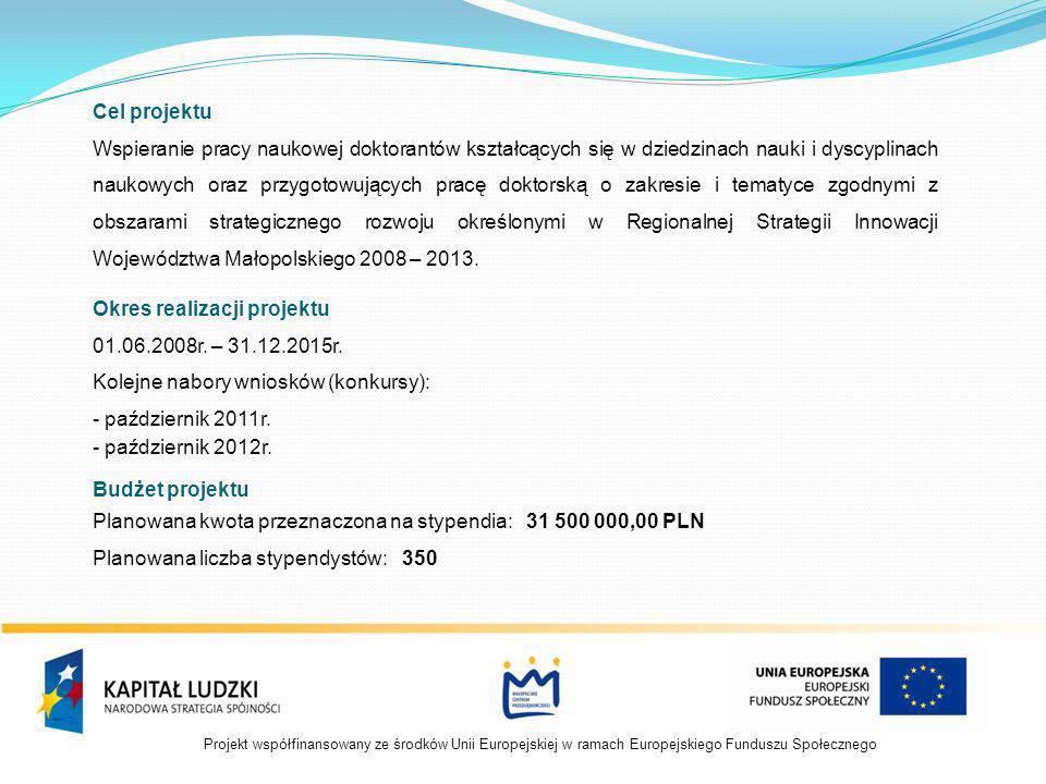 Cel projektu Wspieranie pracy naukowej doktorantów kształcących się w dziedzinach nauki i dyscyplinach naukowych oraz przygotowujących pracę doktorską o zakresie i tematyce zgodnymi z obszarami strategicznego rozwoju określonymi w Regionalnej Strategii Innowacji Województwa Małopolskiego 2008 – 2013.