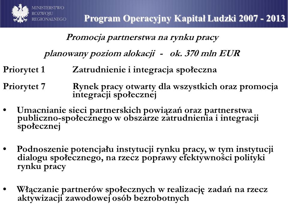 Strategia Rozwoju Kraju Wizja Polski rok Promocja partnerstwa na rynku pracy planowany poziom alokacji - ok.