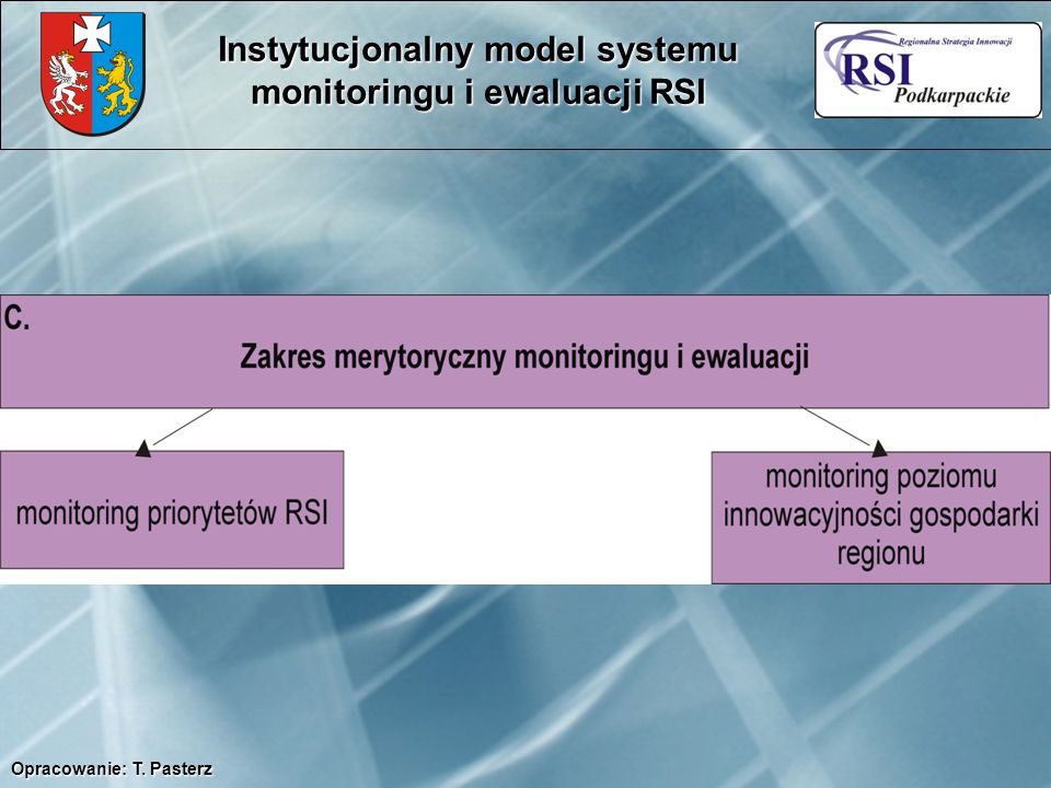 Instytucjonalny model systemu monitoringu i ewaluacji RSI Opracowanie: T. Pasterz