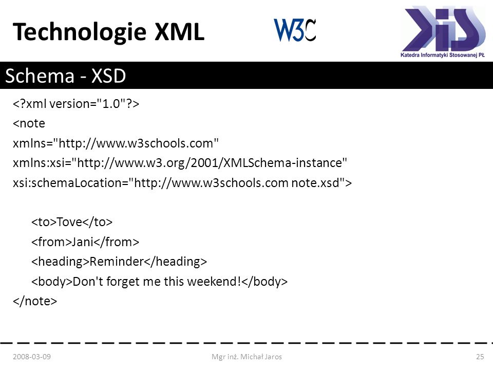 Technologie XML Schema - XSD <note xmlns=   xmlns:xsi=   xsi:schemaLocation=   note.xsd > Tove Jani Reminder Don t forget me this weekend.