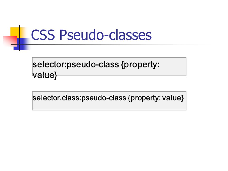 CSS Pseudo-classes selector:pseudo-class {property: value} selector.class:pseudo-class {property: value}