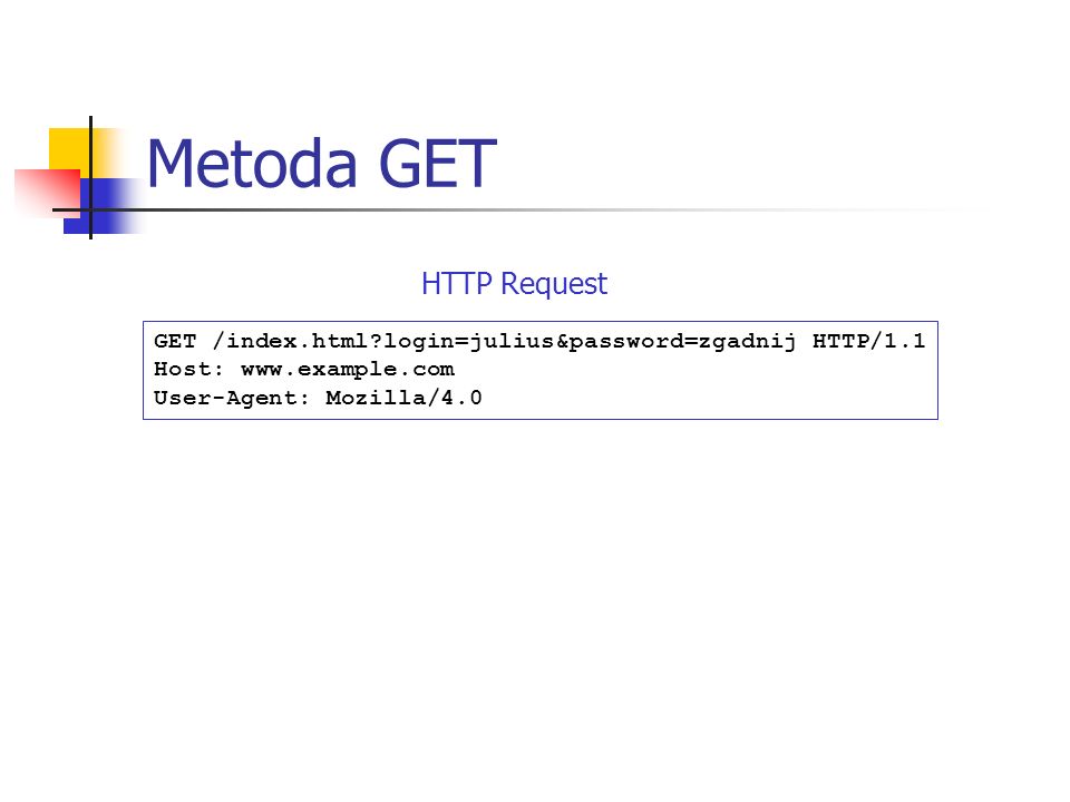 Metoda GET GET /index.html login=julius&password=zgadnij HTTP/1.1 Host:   User-Agent: Mozilla/4.0 HTTP Request