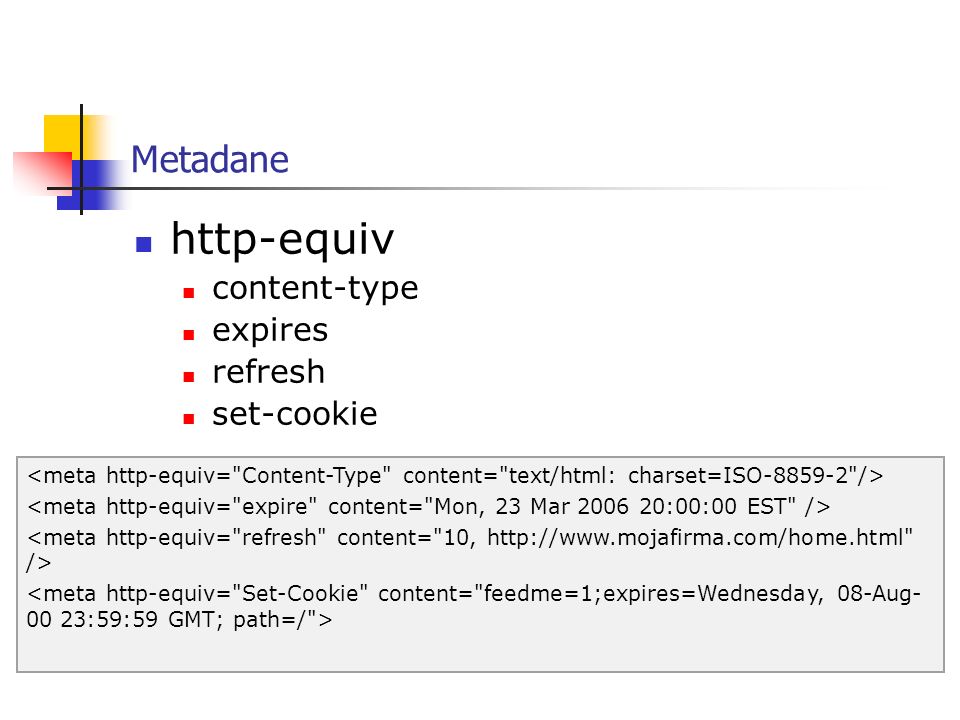 Metadane http-equiv content-type expires refresh set-cookie