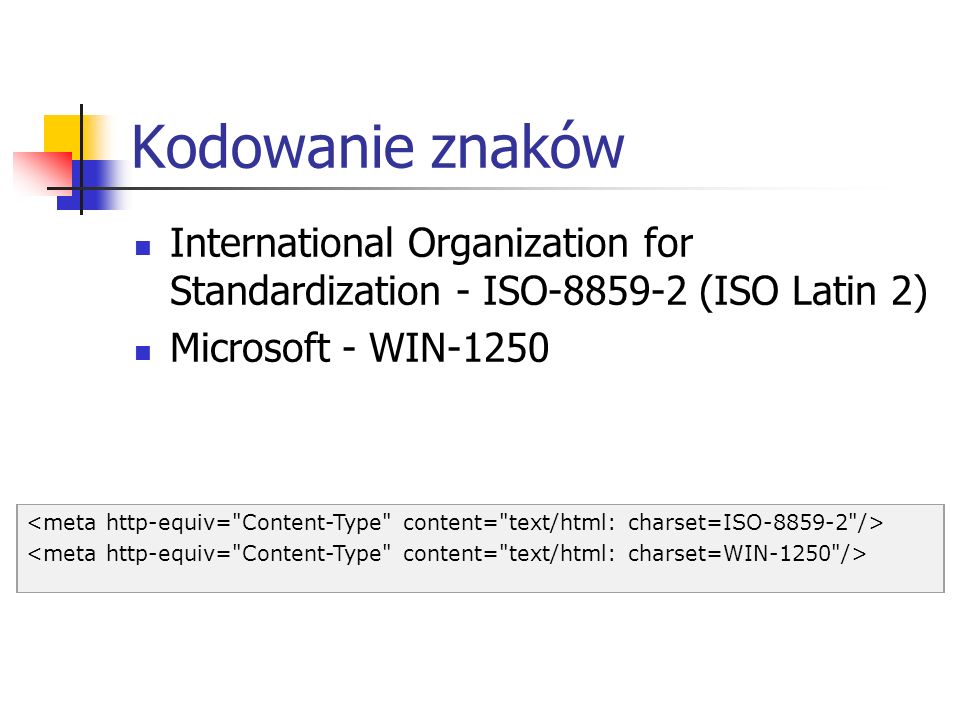 Kodowanie znaków International Organization for Standardization - ISO (ISO Latin 2) Microsoft - WIN-1250