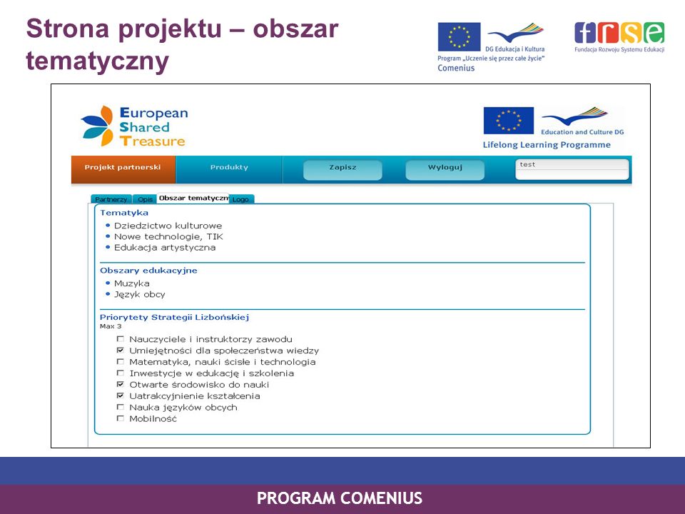 PROGRAM COMENIUS Strona projektu – obszar tematyczny