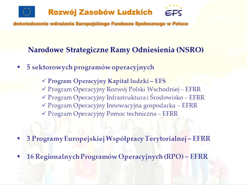5 sektorowych programów operacyjnych Program Operacyjny Kapitał ludzki – EFS Program Operacyjny Rozwój Polski Wschodniej – EFRR Program Operacyjny Infrastruktura i Środowisko – EFRR Program Operacyjny Innowacyjna gospodarka – EFRR Program Operacyjny Pomoc techniczna – EFRR 3 Programy Europejskiej Współpracy Terytorialnej – EFRR 16 Regionalnych Programów Operacyjnych (RPO) – EFRR Narodowe Strategiczne Ramy Odniesienia (NSRO)