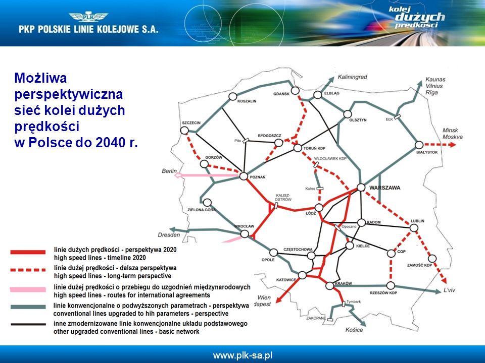 Możliwa perspektywiczna sieć kolei dużych prędkości w Polsce do 2040 r.