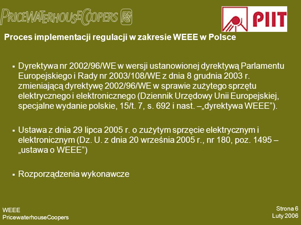 Proces implementacji regulacji w zakresie WEEE w Polsce Dyrektywa nr 2002/96/WE w wersji ustanowionej dyrektywą Parlamentu Europejskiego i Rady nr 2003/108/WE z dnia 8 grudnia 2003 r.