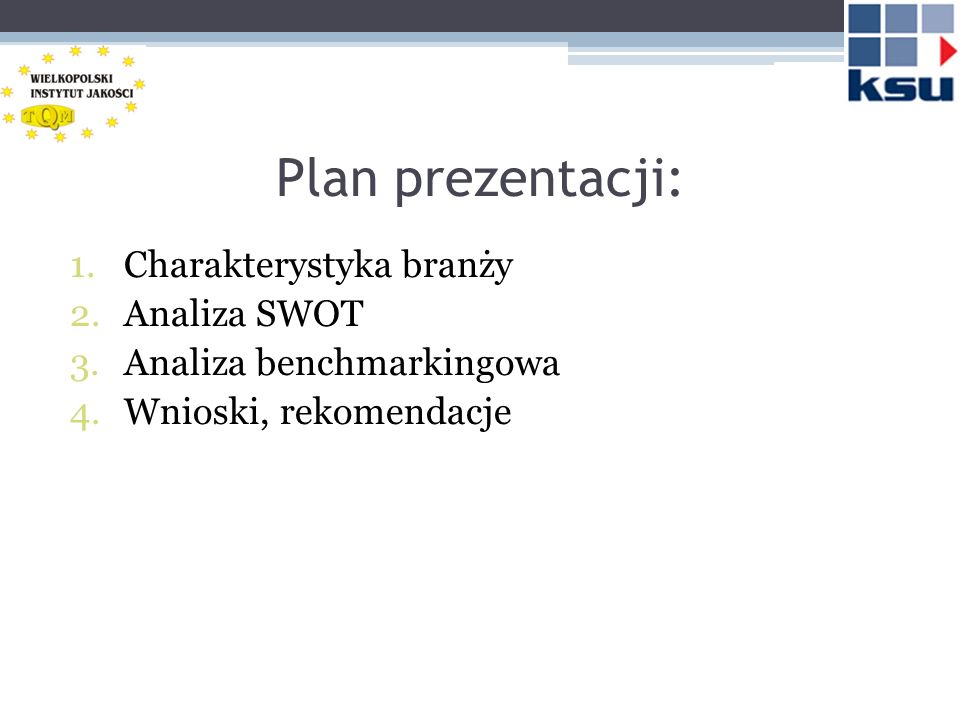 Plan prezentacji: 1.Charakterystyka branży 2.Analiza SWOT 3.Analiza benchmarkingowa 4.Wnioski, rekomendacje
