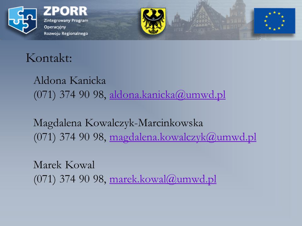 Aldona Kanicka (071) , Magdalena Kowalczyk-Marcinkowska (071) , Marek Kowal (071) , Kontakt: