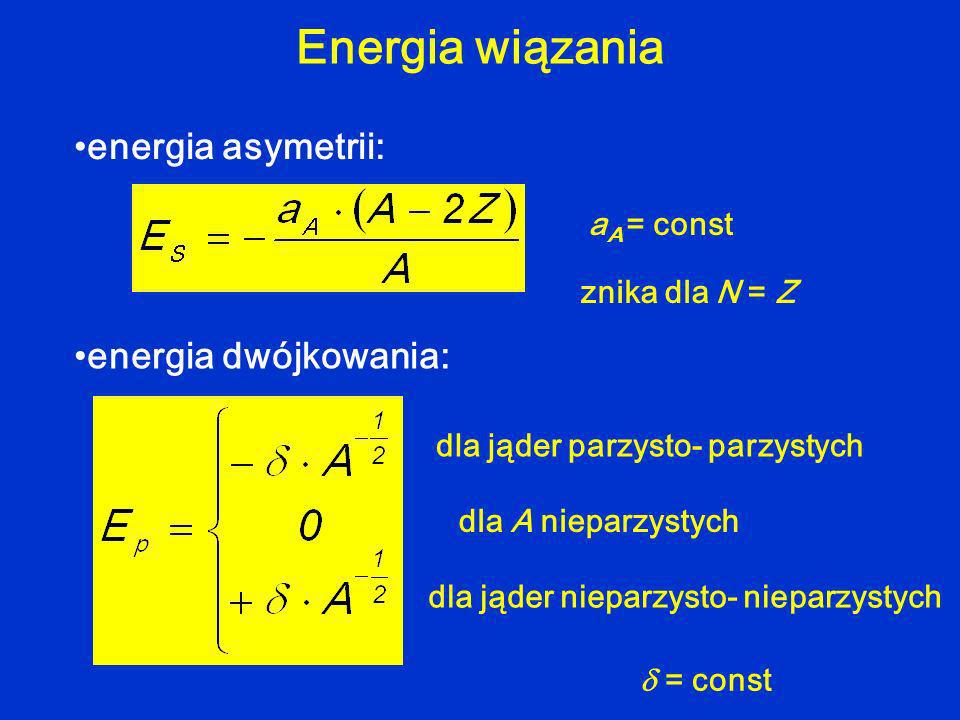 Energia wiązania energia asymetrii: a A = const znika dla N = Z energia dwójkowania: = const dla jąder parzysto- parzystych dla jąder nieparzysto- nieparzystych dla A nieparzystych