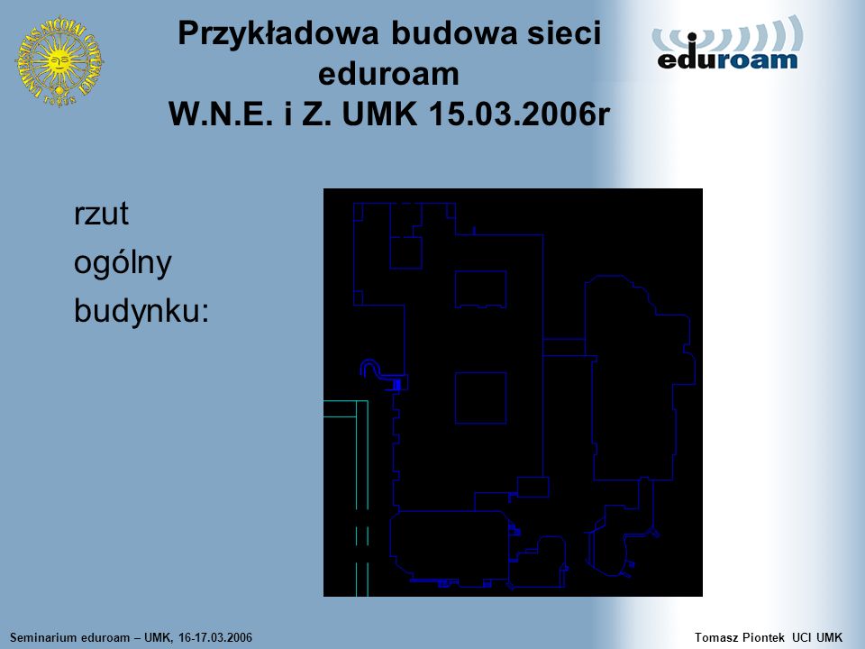 Seminarium eduroam – UMK, Tomasz Piontek UCI UMK Przykładowa budowa sieci eduroam W.N.E.