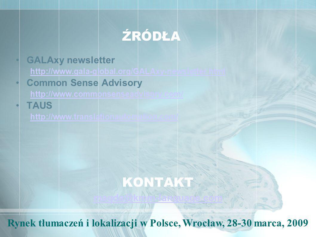 Rynek tłumaczeń i lokalizacji w Polsce, Wrocław, marca, 2009 ŹRÓDŁA GALAxy newsletter   Common Sense Advisory   TAUS   KONTAKT