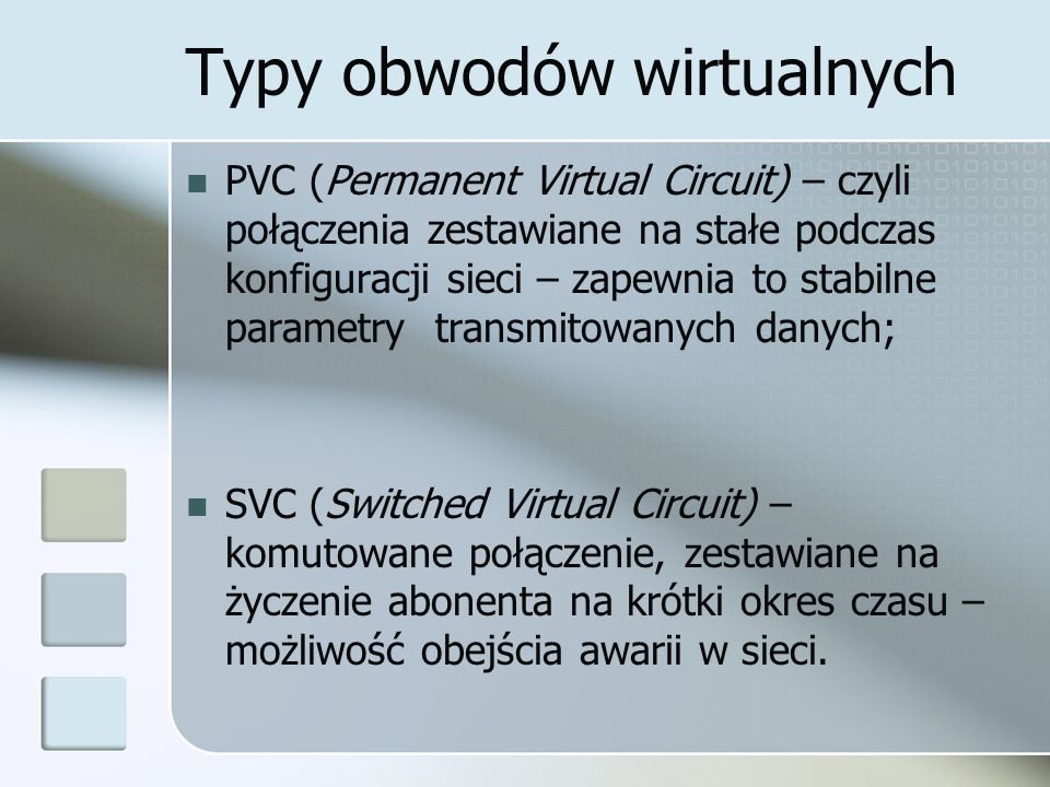 Typy obwodów wirtualnych PVC (Permanent Virtual Circuit) – czyli połączenia zestawiane na stałe podczas konfiguracji sieci – zapewnia to stabilne parametry transmitowanych danych; SVC (Switched Virtual Circuit) – komutowane połączenie, zestawiane na życzenie abonenta na krótki okres czasu – możliwość obejścia awarii w sieci.