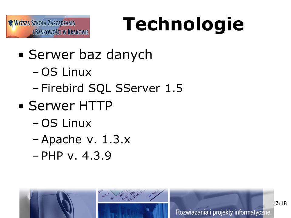 13/18 Technologie Serwer baz danych –OS Linux –Firebird SQL SServer 1.5 Serwer HTTP –OS Linux –Apache v.