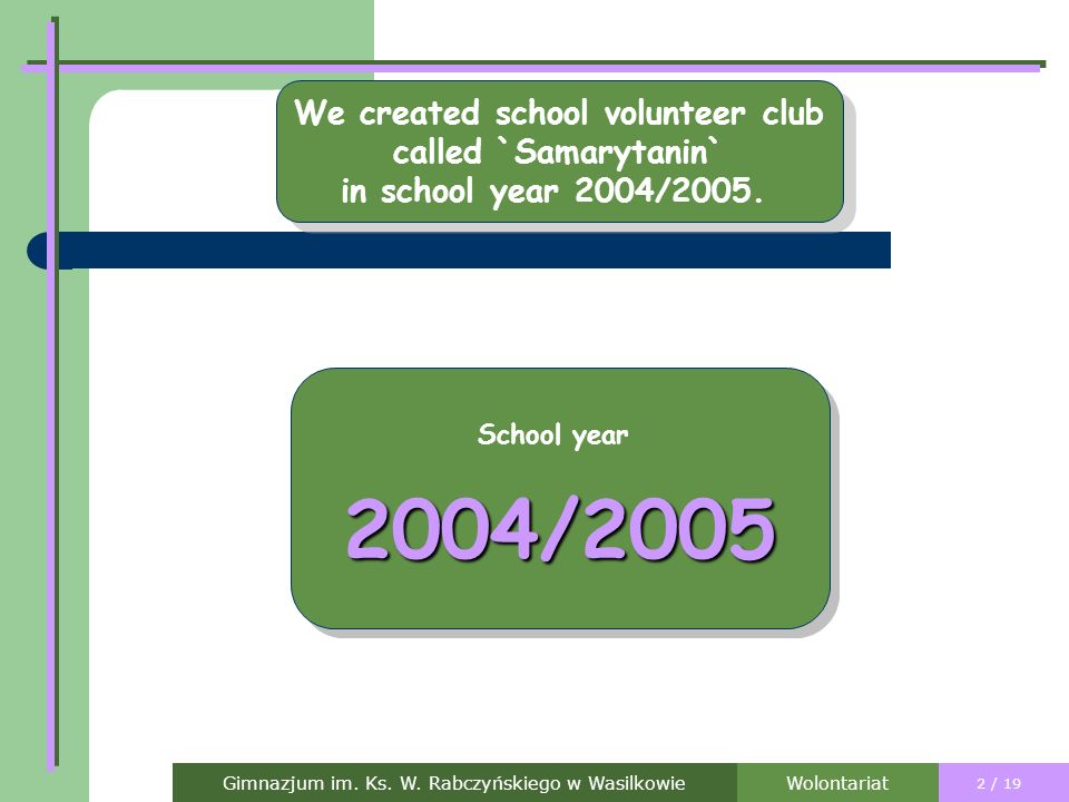 We created school volunteer club called `Samarytanin` in school year 2004/2005.