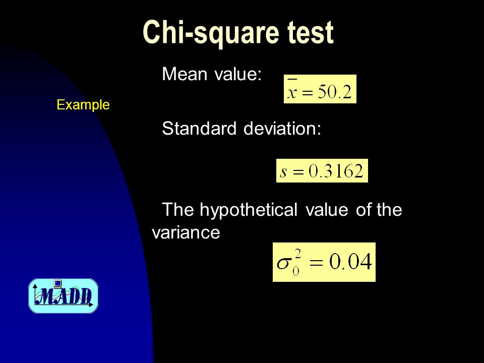 Chi-square test Mean value: Standard deviation: The hypothetical value of the variance Example