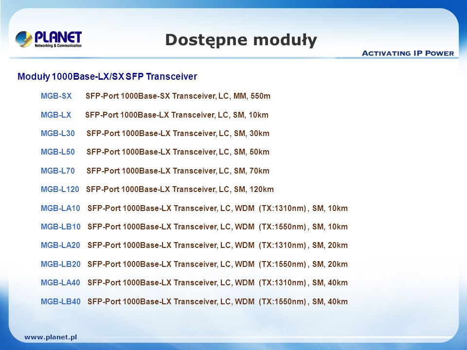 Dostępne moduły Moduły 1000Base-LX/SX SFP Transceiver MGB-SX SFP-Port 1000Base-SX Transceiver, LC, MM, 550m MGB-LX SFP-Port 1000Base-LX Transceiver, LC, SM, 10km MGB-L30 SFP-Port 1000Base-LX Transceiver, LC, SM, 30km MGB-L50 SFP-Port 1000Base-LX Transceiver, LC, SM, 50km MGB-L70 SFP-Port 1000Base-LX Transceiver, LC, SM, 70km MGB-L120 SFP-Port 1000Base-LX Transceiver, LC, SM, 120km MGB-LA10 SFP-Port 1000Base-LX Transceiver, LC, WDM (TX:1310nm), SM, 10km MGB-LB10 SFP-Port 1000Base-LX Transceiver, LC, WDM (TX:1550nm), SM, 10km MGB-LA20 SFP-Port 1000Base-LX Transceiver, LC, WDM (TX:1310nm), SM, 20km MGB-LB20 SFP-Port 1000Base-LX Transceiver, LC, WDM (TX:1550nm), SM, 20km MGB-LA40 SFP-Port 1000Base-LX Transceiver, LC, WDM (TX:1310nm), SM, 40km MGB-LB40 SFP-Port 1000Base-LX Transceiver, LC, WDM (TX:1550nm), SM, 40km