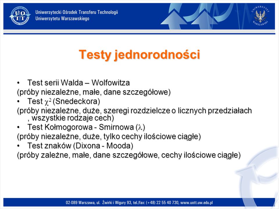 Testy jednorodności Test serii Walda – WolfowitzaTest serii Walda – Wolfowitza (próby niezależne, małe, dane szczegółowe) Test 2 (Snedeckora)Test 2 (Snedeckora) (próby niezależne, duże, szeregi rozdzielcze o licznych przedziałach, wszystkie rodzaje cech) Test Kołmogorowa - Smirnowa ( )Test Kołmogorowa - Smirnowa ( ) (próby niezależne, duże, tylko cechy ilościowe ciągłe) Test znaków (Dixona - Mooda)Test znaków (Dixona - Mooda) (próby zależne, małe, dane szczegółowe, cechy ilościowe ciągłe)
