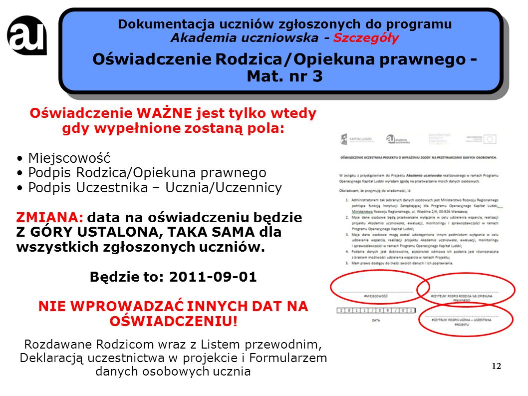 12 Dokumentacja uczniów zgłoszonych do programu Akademia uczniowska - Szczegóły Oświadczenie Rodzica/Opiekuna prawnego - Mat.