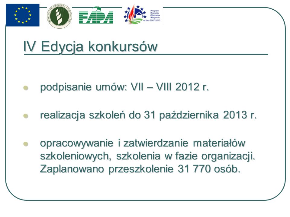 IV Edycja konkursów podpisanie umów: VII – VIII 2012 r.