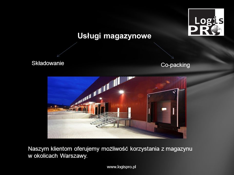 Usługi magazynowe   Składowanie Co-packing Naszym klientom oferujemy możliwość korzystania z magazynu w okolicach Warszawy.