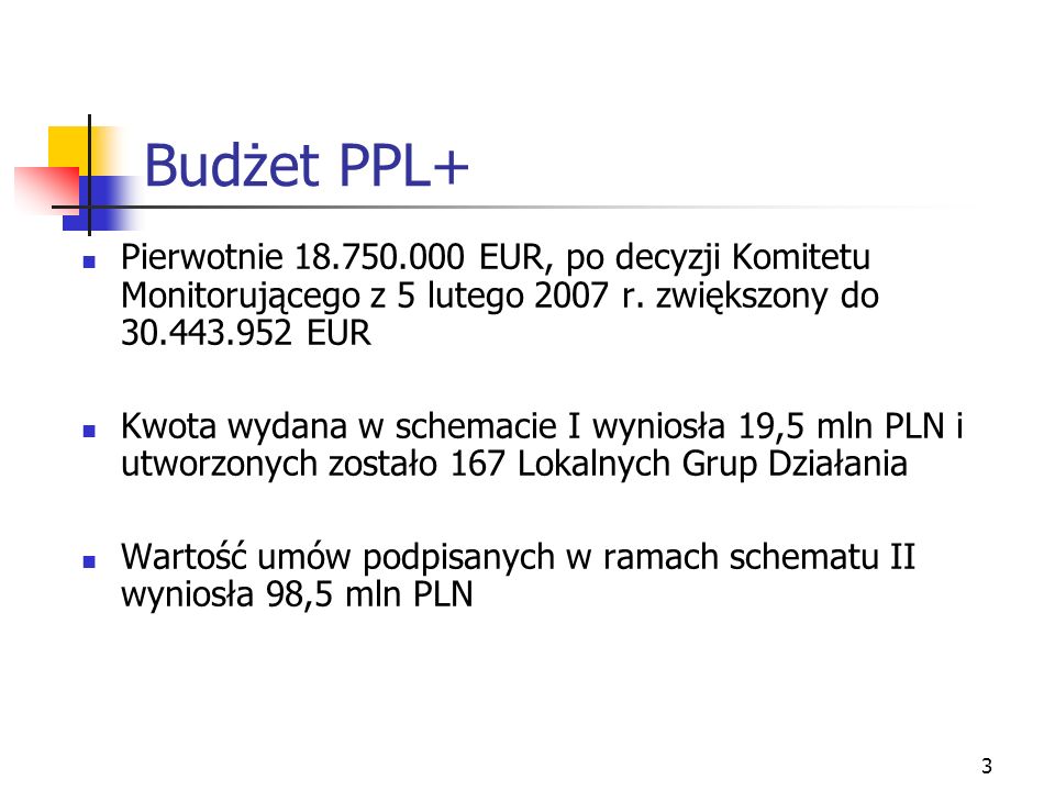 3 Budżet PPL+ Pierwotnie EUR, po decyzji Komitetu Monitorującego z 5 lutego 2007 r.