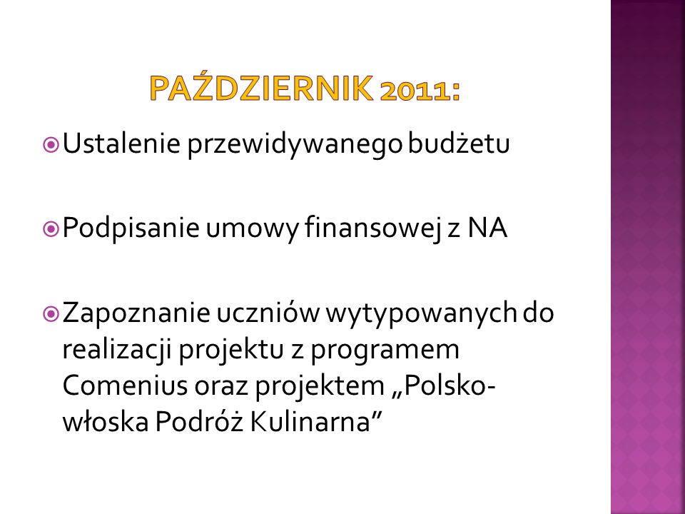 Ustalenie przewidywanego budżetu Podpisanie umowy finansowej z NA Zapoznanie uczniów wytypowanych do realizacji projektu z programem Comenius oraz projektem Polsko- włoska Podróż Kulinarna