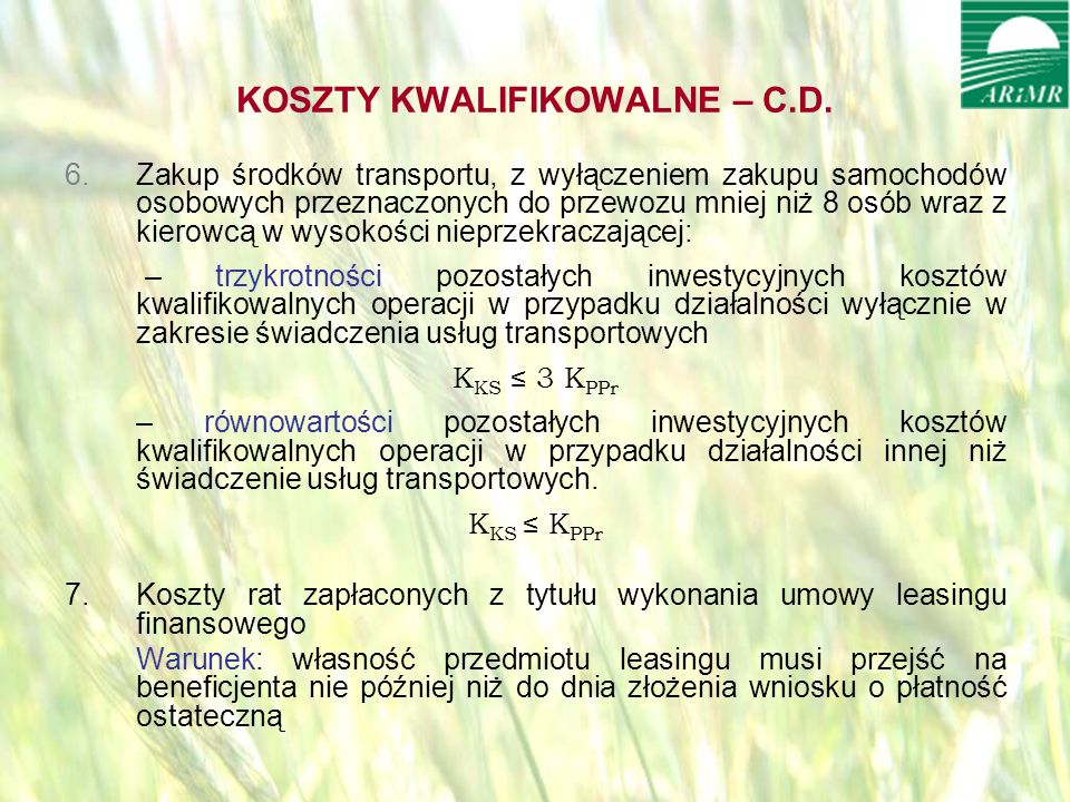 opracował: Bartłomiej Raczek24 KOSZTY KWALIFIKOWALNE – C.D.
