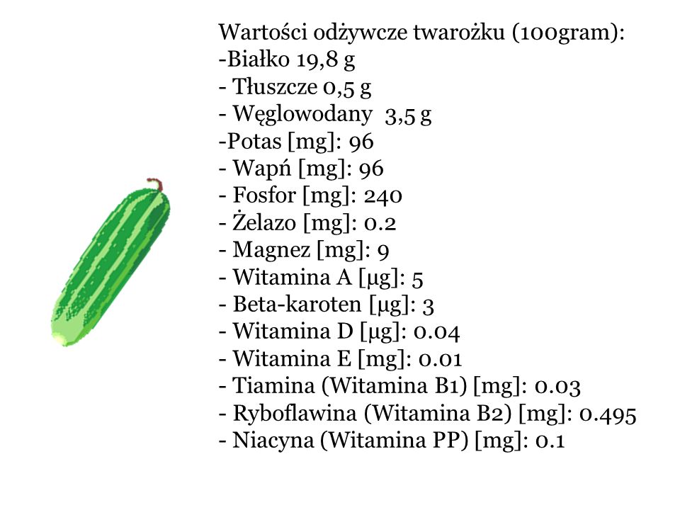 Wartości odżywcze twarożku (100gram): -Białko 19,8 g - Tłuszcze 0,5 g - Węglowodany 3,5 g -Potas [mg]: 96 - Wapń [mg]: 96 - Fosfor [mg]: Żelazo [mg]: Magnez [mg]: 9 - Witamina A [µg]: 5 - Beta-karoten [µg]: 3 - Witamina D [µg]: Witamina E [mg]: Tiamina (Witamina B1) [mg]: Ryboflawina (Witamina B2) [mg]: Niacyna (Witamina PP) [mg]: 0.1