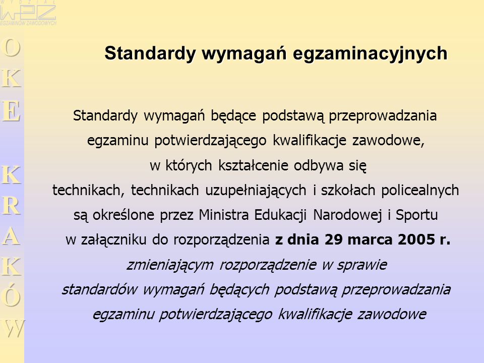 Standardy wymagań egzaminacyjnych Standardy wymagań będące podstawą przeprowadzania egzaminu potwierdzającego kwalifikacje zawodowe, w których kształcenie odbywa się technikach, technikach uzupełniających i szkołach policealnych są określone przez Ministra Edukacji Narodowej i Sportu w załączniku do rozporządzenia z dnia 29 marca 2005 r.