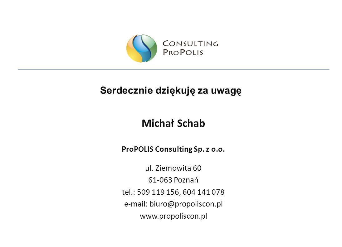 Serdecznie dziękuję za uwagę Michał Schab ProPOLIS Consulting Sp.