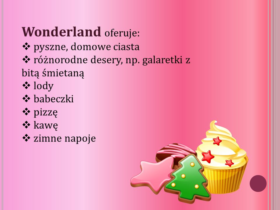 Wonderland oferuje:  pyszne, domowe ciasta  różnorodne desery, np.
