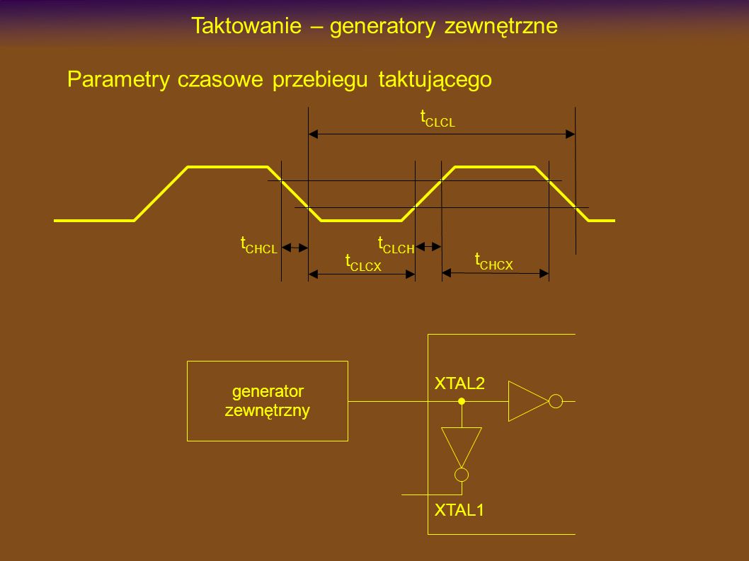 Taktowanie – generatory zewnętrzne Parametry czasowe przebiegu taktującego t CLCL t CHCX t CLCX t CHCL t CLCH XTAL2 XTAL1 generator zewnętrzny