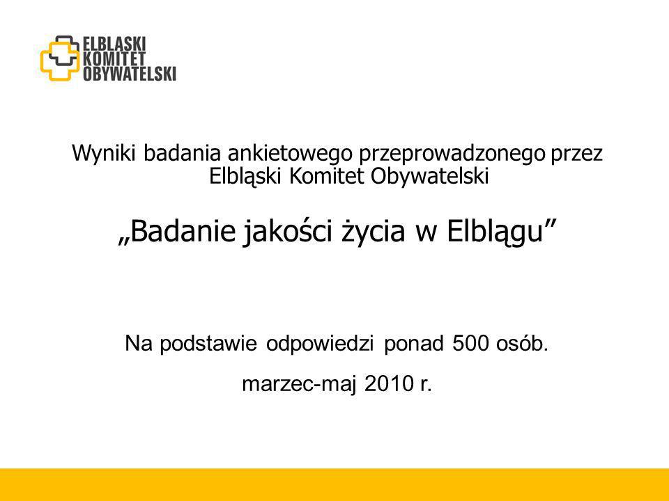 Wyniki badania ankietowego przeprowadzonego przez Elbląski Komitet Obywatelski Badanie jakości życia w Elblągu Na podstawie odpowiedzi ponad 500 osób.