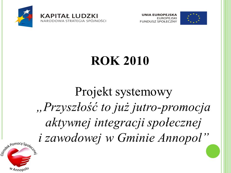 ROK 2010 Projekt systemowy Przyszłość to już jutro-promocja aktywnej integracji społecznej i zawodowej w Gminie Annopol
