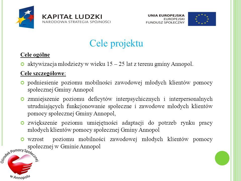 Cele projektu Cele ogólne aktywizacja młodzieży w wieku 15 – 25 lat z terenu gminy Annopol.