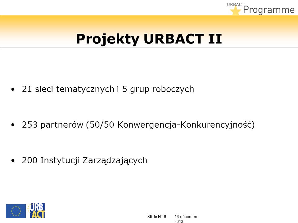 16 décembre 2013 Slide N° 9 Projekty URBACT II 21 sieci tematycznych i 5 grup roboczych 253 partnerów (50/50 Konwergencja-Konkurencyjność) 200 Instytucji Zarządzających