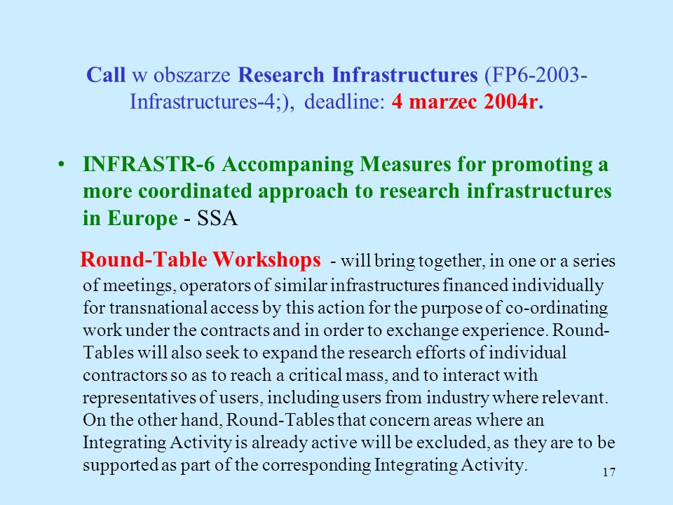 Katowice, IETU, r.16 Call w obszarze Research Infrastructures (FP Infrastructures-4;), deadline: 4 marzec 2004r.