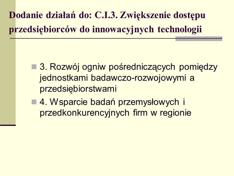 Dodanie działań do: C.I.3. Zwiększenie dostępu przedsiębiorców do innowacyjnych technologii 3.