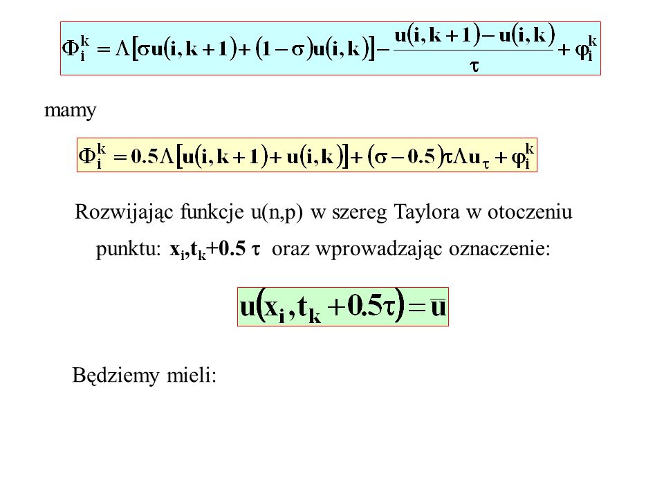 mamy Rozwijając funkcje u(n,p) w szereg Taylora w otoczeniu punktu: x i,t k +0.5 oraz wprowadzając oznaczenie: Będziemy mieli: