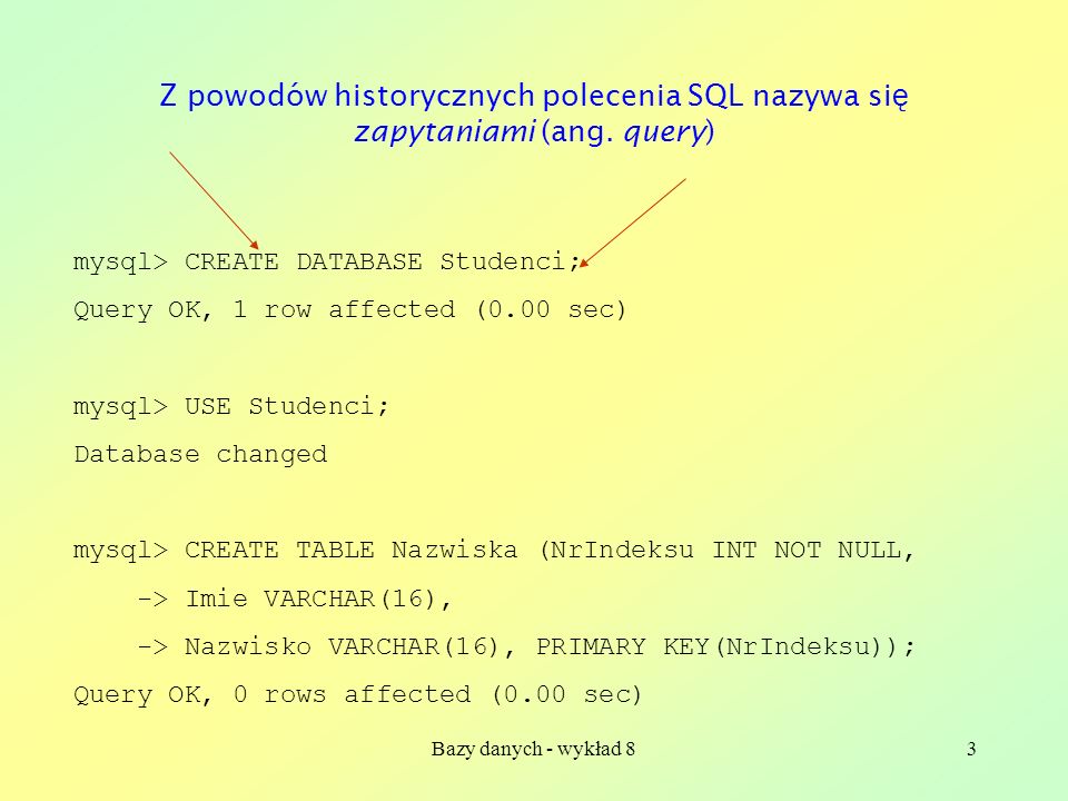 Bazy danych - wykład 83 mysql> CREATE DATABASE Studenci; Query OK, 1 row affected (0.00 sec) mysql> USE Studenci; Database changed mysql> CREATE TABLE Nazwiska (NrIndeksu INT NOT NULL, -> Imie VARCHAR(16), -> Nazwisko VARCHAR(16), PRIMARY KEY(NrIndeksu)); Query OK, 0 rows affected (0.00 sec) Z powodów historycznych polecenia SQL nazywa si ę zapytaniami (ang.