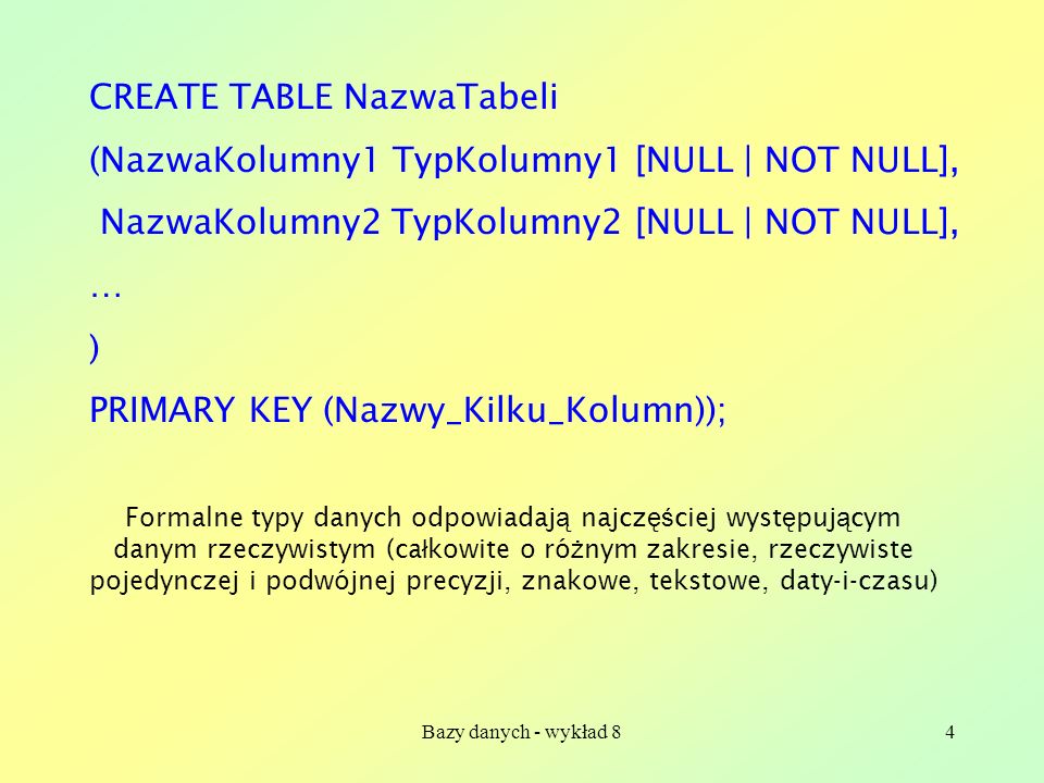 Bazy danych - wykład 84 CREATE TABLE NazwaTabeli (NazwaKolumny1 TypKolumny1 [NULL | NOT NULL], NazwaKolumny2 TypKolumny2 [NULL | NOT NULL], … ) PRIMARY KEY (Nazwy_Kilku_Kolumn)); Formalne typy danych odpowiadaj ą najcz ęś ciej wyst ę puj ą cym danym rzeczywistym (ca ł kowite o ró ż nym zakresie, rzeczywiste pojedynczej i podwójnej precyzji, znakowe, tekstowe, daty-i-czasu)