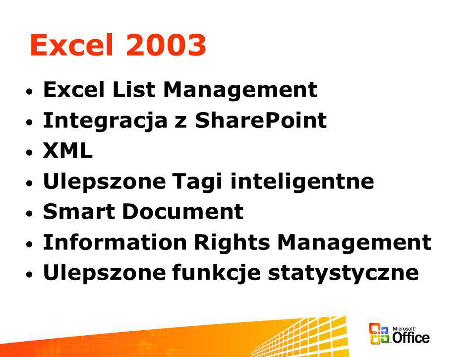 Excel 2003 Excel List Management Integracja z SharePoint XML Ulepszone Tagi inteligentne Smart Document Information Rights Management Ulepszone funkcje statystyczne