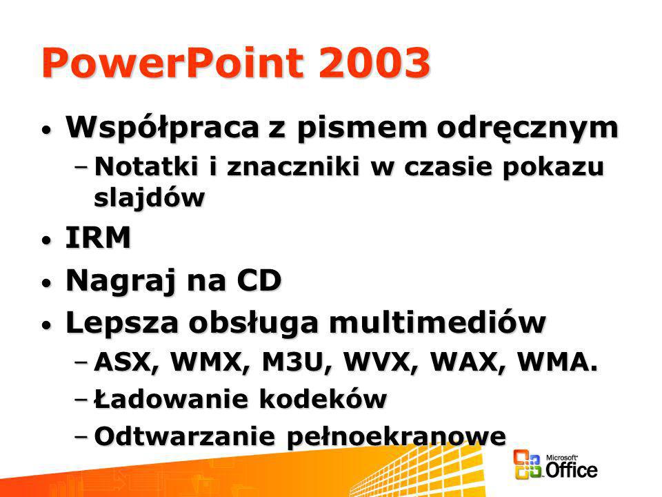 PowerPoint 2003 Współpraca z pismem odręcznym Współpraca z pismem odręcznym –Notatki i znaczniki w czasie pokazu slajdów IRM IRM Nagraj na CD Nagraj na CD Lepsza obsługa multimediów Lepsza obsługa multimediów –ASX, WMX, M3U, WVX, WAX, WMA.